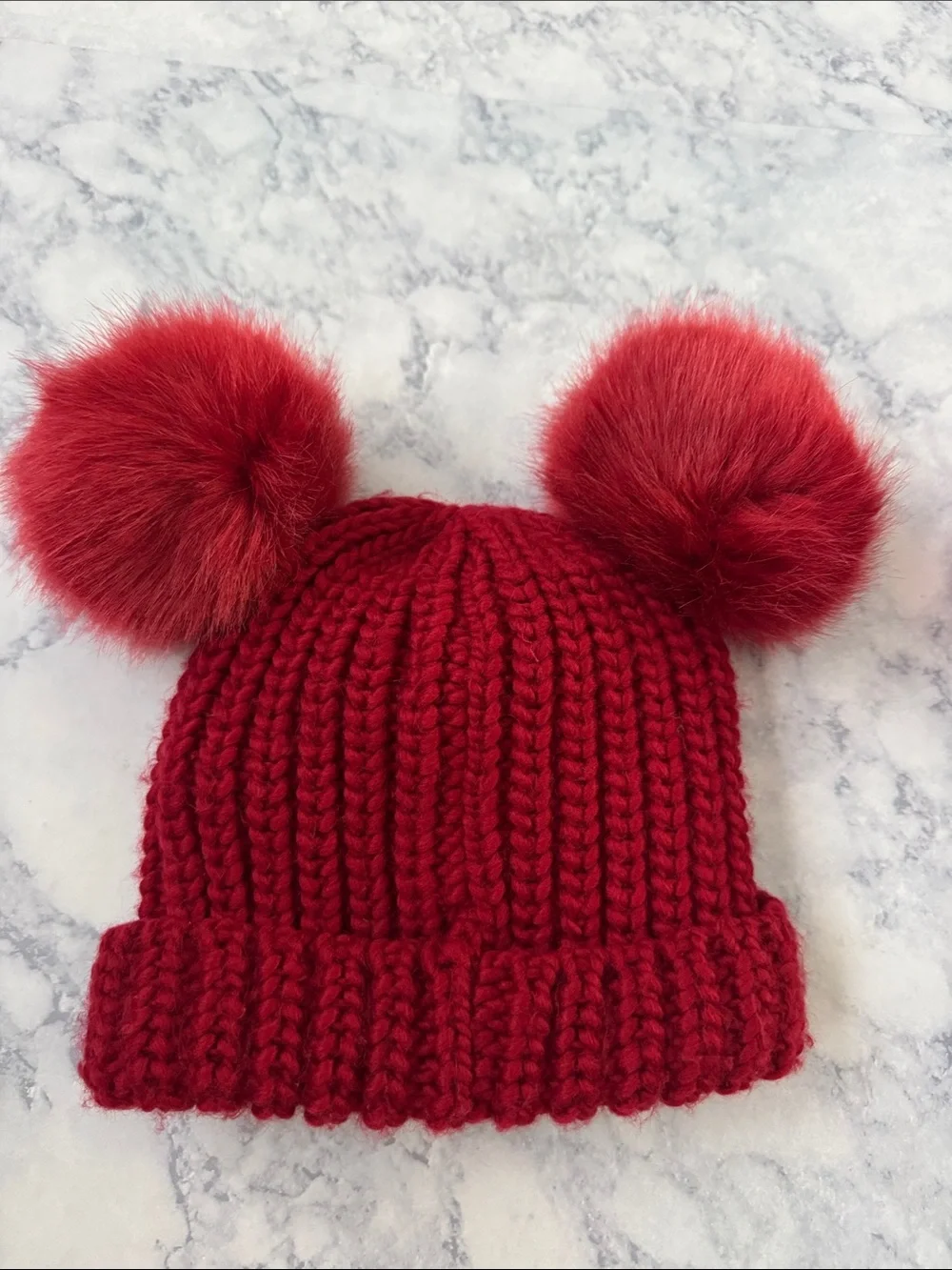 2 ROOTS Canada Set Double Pom Pom Knit Kids Beanie Toque Hat Winter Red